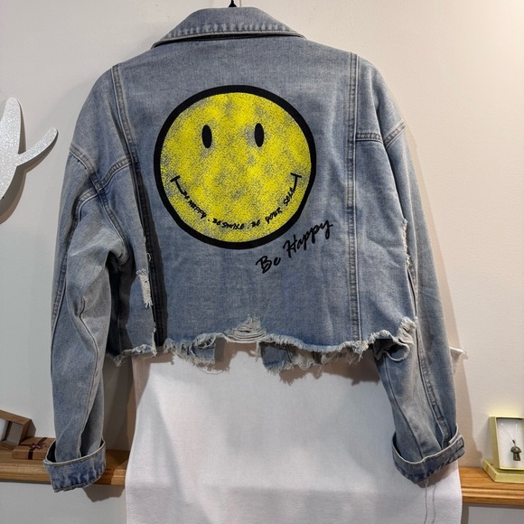 Really HAPPY Distressed Denim Jacket size Medium by designer Jade by Jane - Picture 3 of 6